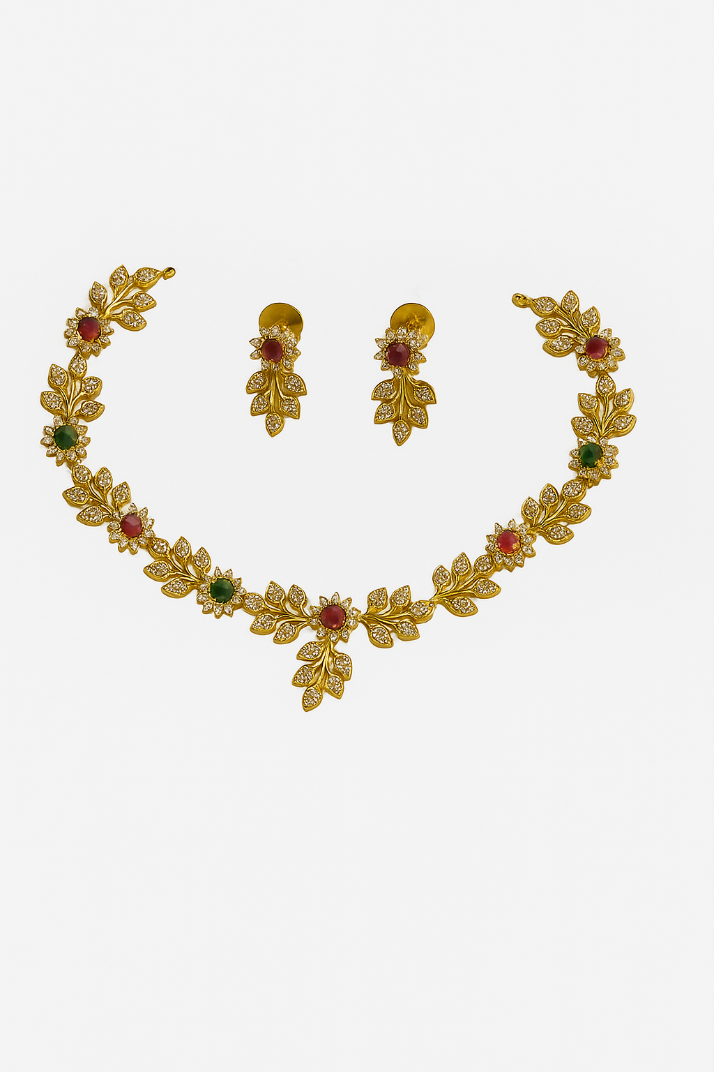 Elegant Gold-Plated Floral Necklace Set with Ruby & Emerald Stones