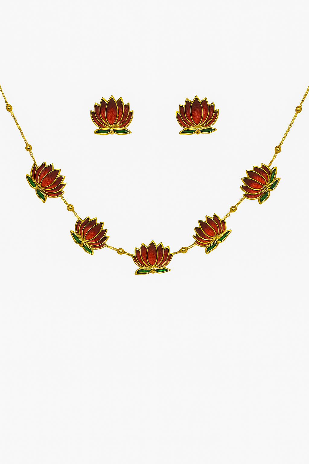 Elegant Red Lotus Necklace Set – Gold-Plated Floral Jewelry with Matching Earrings