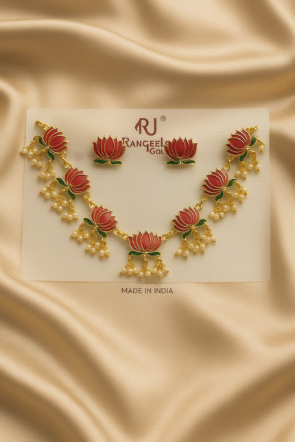 Elegant Red Lotus Necklace Set for Women | Traditional Gold Plated Jewelry with Pearls